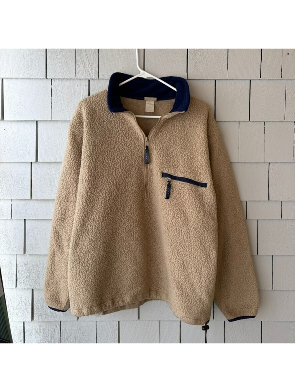 Vintage 90s L.L.Bean High Pile Fleece Fits L/XL Oatmeal Navy Trim Half Zip